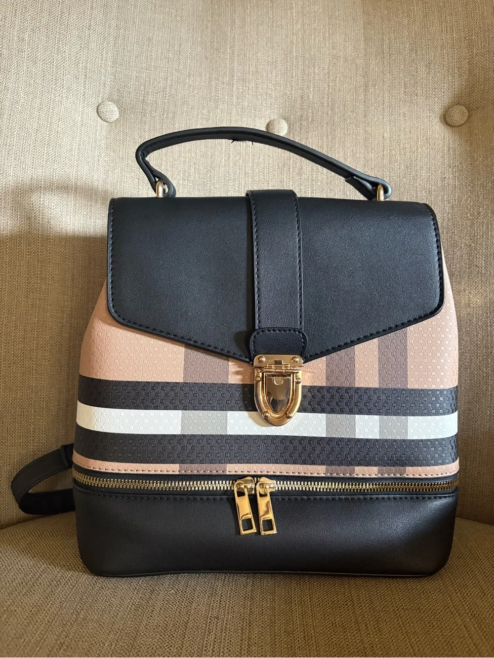 Striped Panel Handbag Backpack and Wallet Set - Black and Tan